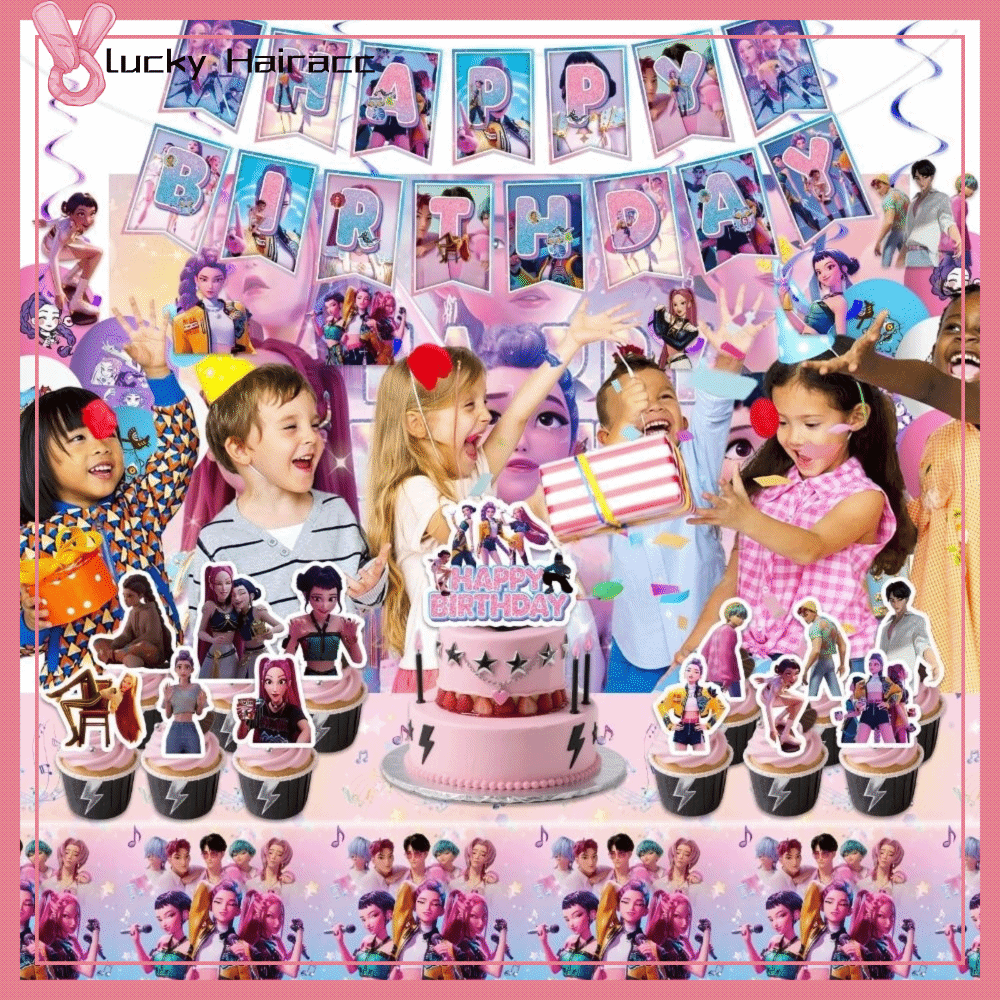 LUCKY HAIRACC Phông nền banner Trang trí tiệc Săn Quỷ Bóng bay Cờ Đồ dùng tiệc anime Kpop Phụ kiện trang trí bánh Bộ dao tiệc Kpop Huntrix Tiệc tùng