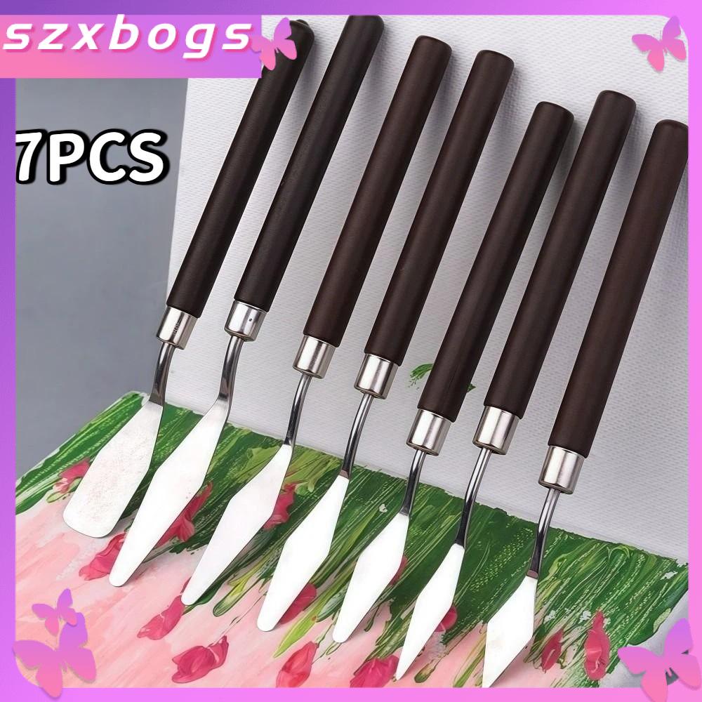 SZXBOGS 7PCS Bằng gỗ Bộ cọ vẽ tranh sơn dầu nghệ thuật Thép không gỉ Nhẹ Bộ cọ vẽ Bền bỉ Xẻng trộn sơn màu nước Công cụ vẽ