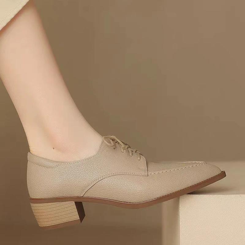 Halloween2024 Med-High Heels Oxford Shoes Woman Ren Sneakers Solid Leather Brogues Ladies All Match 
