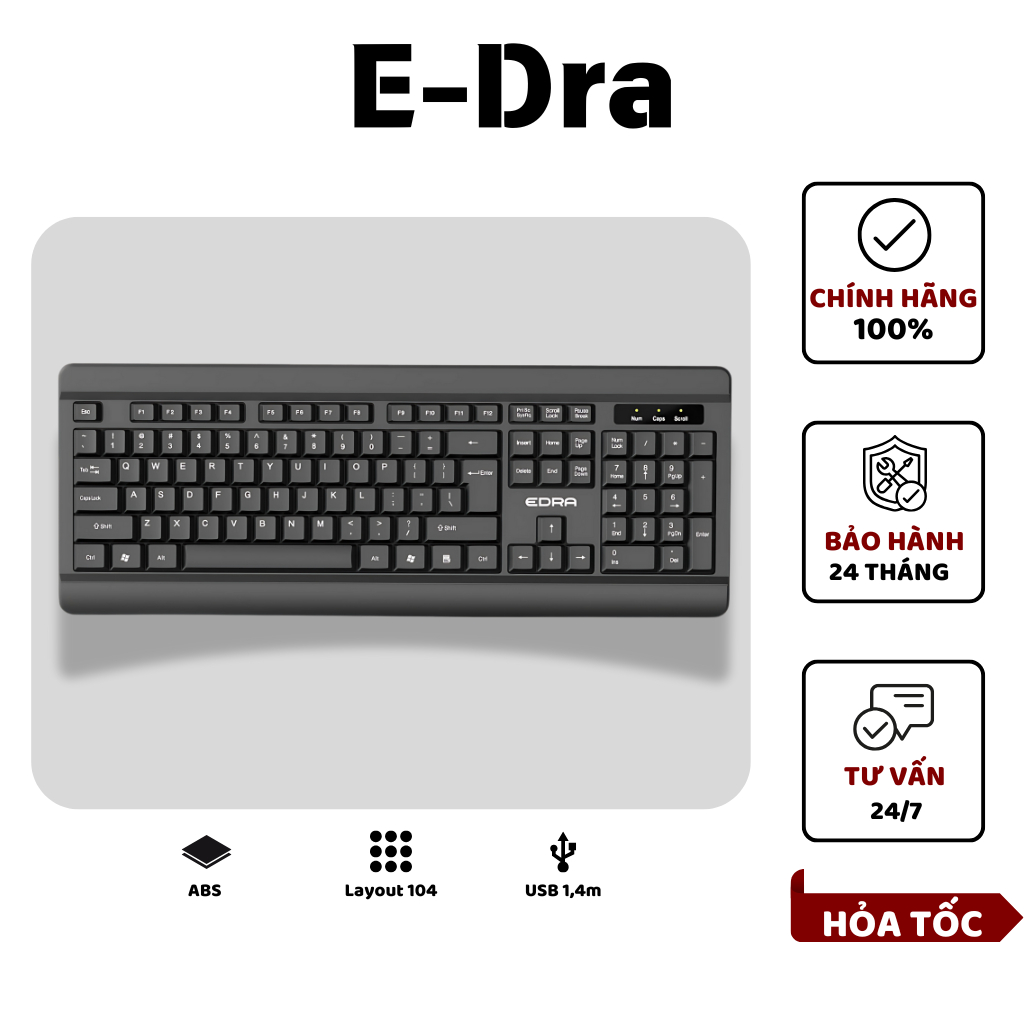 Bàn Phím Máy Tính EDRA Fullsize 104 Bàn Phím Văn Phòng EK508 Silent Nhẹ Êm Ái - Bảo Hành 24 Tháng