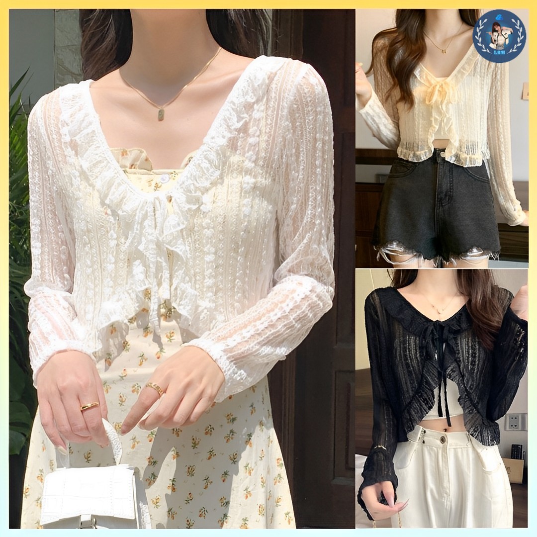 Áo khoác ren viền bèo thắt nơ mềm mỏng xinh xắn - l2m