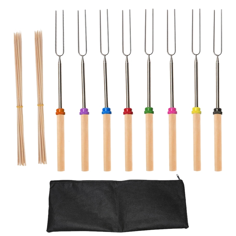 Telescoping Marshmallow Roasting Sticks, 8 Extendable Stainless Steel Grilling Fork with Wooden Handle 32 Inch & 20 Bamboo Sticks BBQ Tool Set