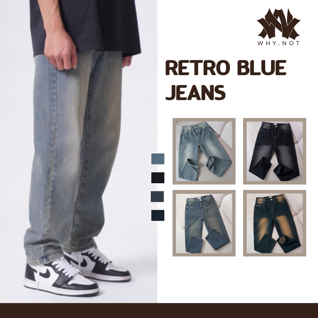   CÓ BIGSIZE  Quần jean nam Xanh Retro WHY NOT cạp cao ống suông rộng quần bò nam xanh loang chất jeans cao cấp JBGWTG 