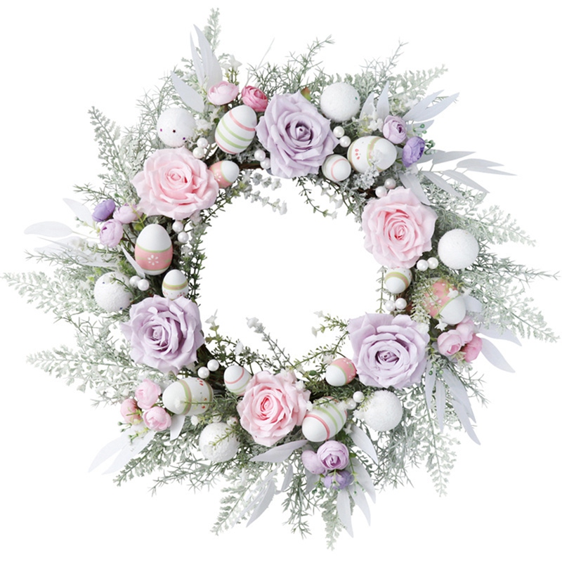 Besteffie-Easter Wreath with Artificial Eggs Flowers for Front Door Wall Garden Spring Easter Decoration