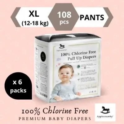 Applecrumby 100% Chlorine Free Pull Up Diapers XL (12-18kg) 18 Pcs x 6 Packs