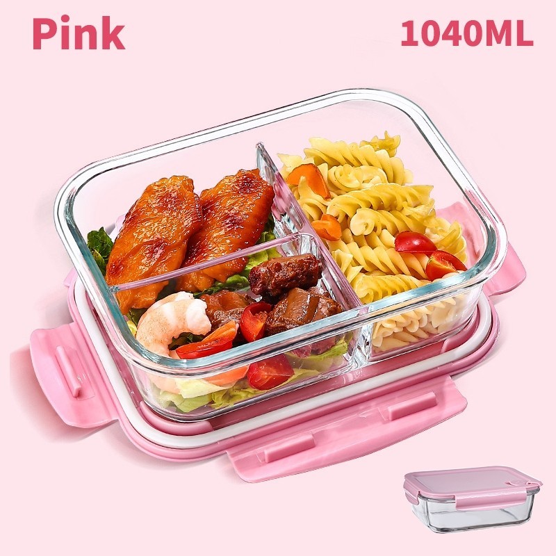 ZOWOKI (3IN1)Kotak Makan Siang Kaca Tahan Panas/1040ml Kotak Makan Siang Kaca Microwave/ Lunch Box