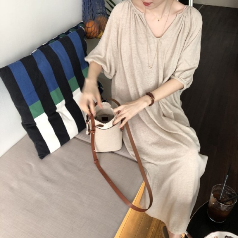 Mùa Hè Hàn Quốc CHIC Phong Cách Retro Ins Lười Biếng Khí Chất Phong Cách Kỳ Nghỉ Cổ Chữ V Dáng Suông Rộng Đầm Qua Đầu Gối Váy Dài