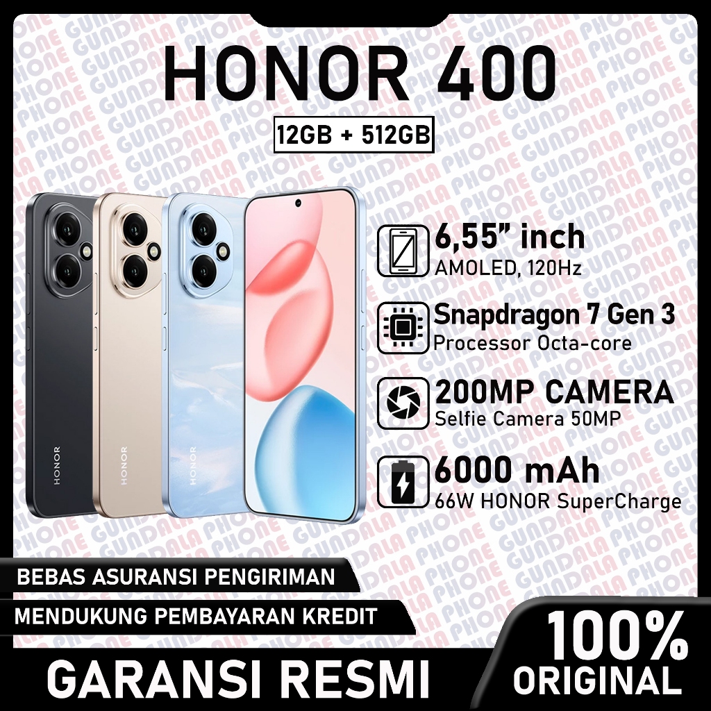 HONOR 400 5G NFC - Camera 200MP, Snapdragon 7 Gen 3, 6000 mAh 66W SuperCharge - Garansi resmi Harga 6,634,000 rupiah*Gratis Ongkir