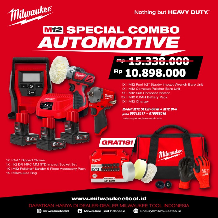 Milwaukee M12 Special Combo Automotive Harga 10,989,000 rupiah*Gratis Ongkir