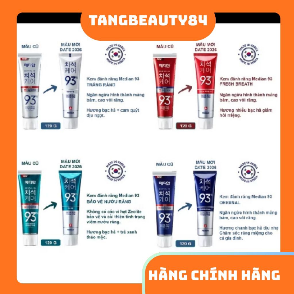 [Hàng Chính Hãng] Kem đánh răng Median 93% Hàn Quốc Tuýp 120g có đủ màu