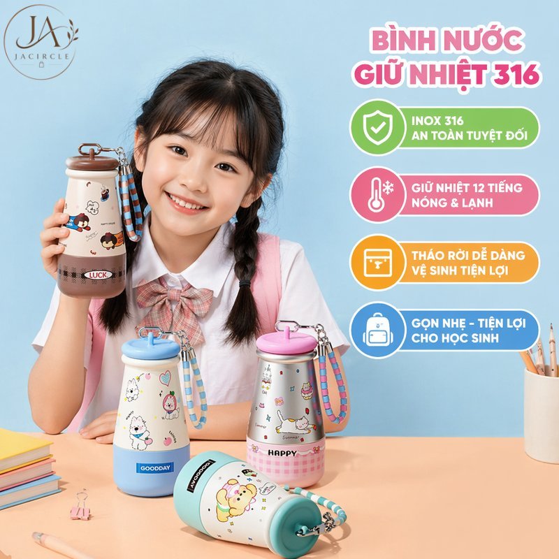JACIRCLE bình giữ nhiệt inox 316 460 dung tích nắp bật uống liền có dây đeo chống rò rỉ giữ nhiệt hai chiều văn phòng du lịch