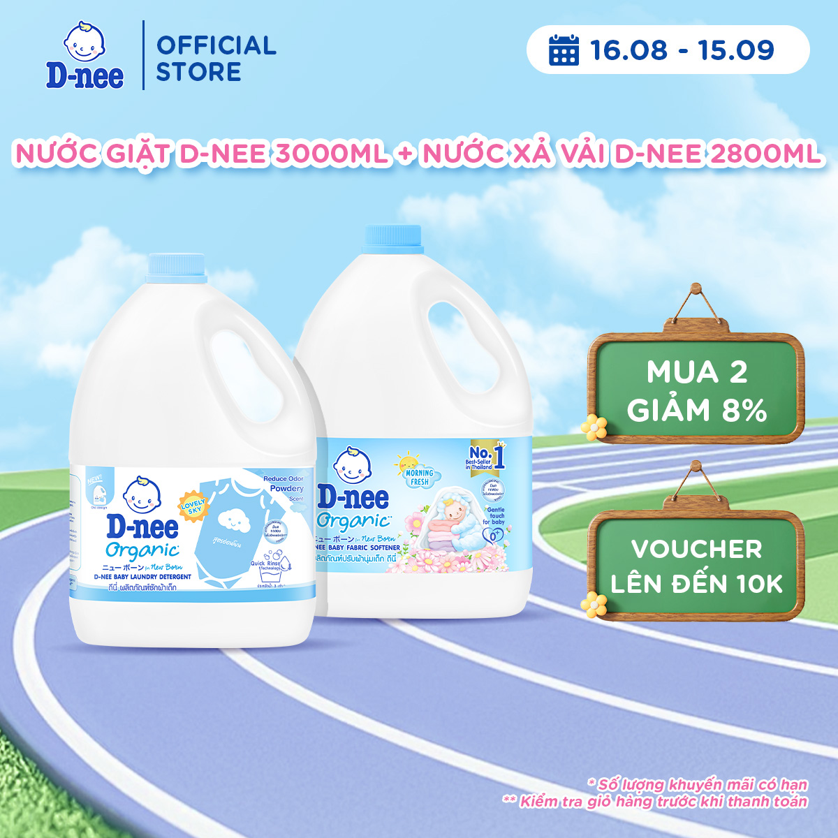 Nước giặt quần áo D-nee 3000 ML - Lovely Sky + Nước xả vải D-nee 2800 ML. - Morning Fresh