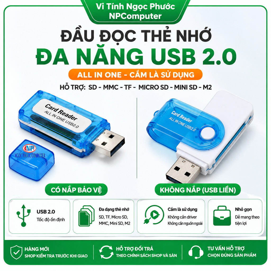 Đầu Đọc Thẻ Nhớ Đa Năng Card Reader USB 2.0 All In One - Hỗ Trợ SD, MMC, TF, Micro SD, Mini SD, M2