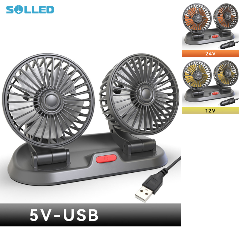 Car Fan Dual Head, 360° Adjustable Dashboard Cooling Air Circulator Fan, 2 Speeds Strong Wind Electric Fan Telescopic, For Dashboard RV Truck
