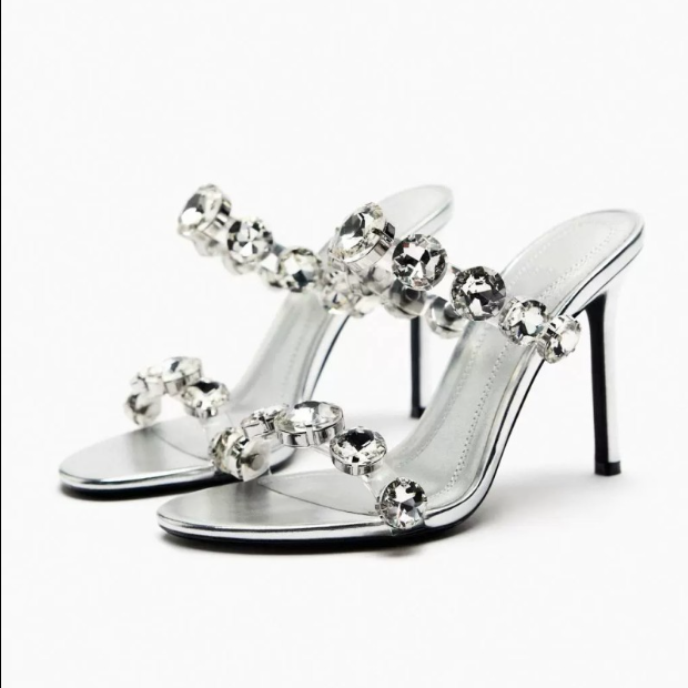 NEW Genuine ZARAˉ Home Silver Decorations Inlaid High Heels For Summer 2023 New Open Toe Casual Back Empty Fashion Sandals 2025 NEW