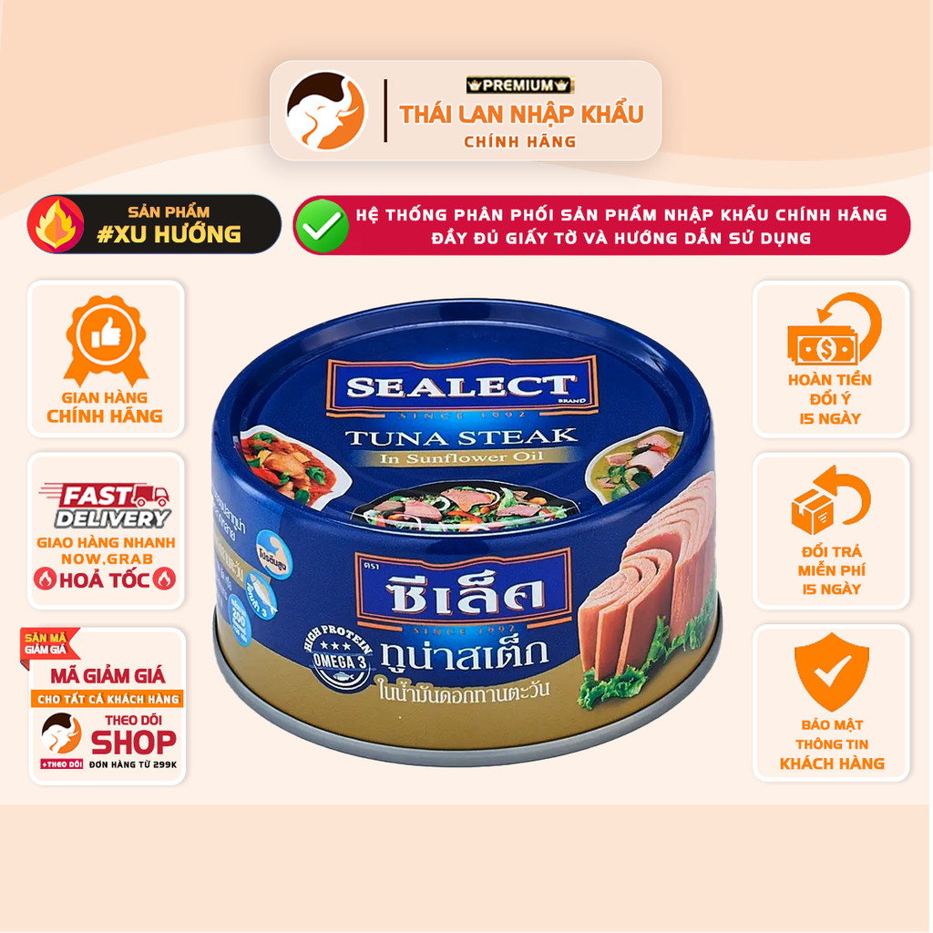 [NHẬP THÁI][3 HỘP] Cá Ngừ Cắt Khúc Ngâm Dầu Hướng Dương Sealect 165g