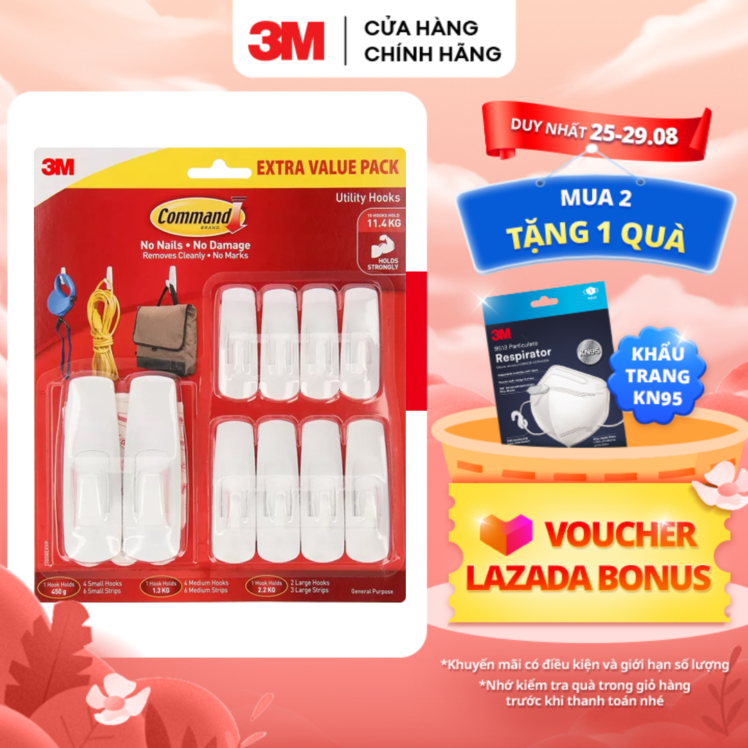 Combo 10 Móc dán tường 3M™ Command™, 17008EXVP, độ bền cao, bám cực chắc, chịu lực 2.2kg, Dùng sắp xếp nhà cửa