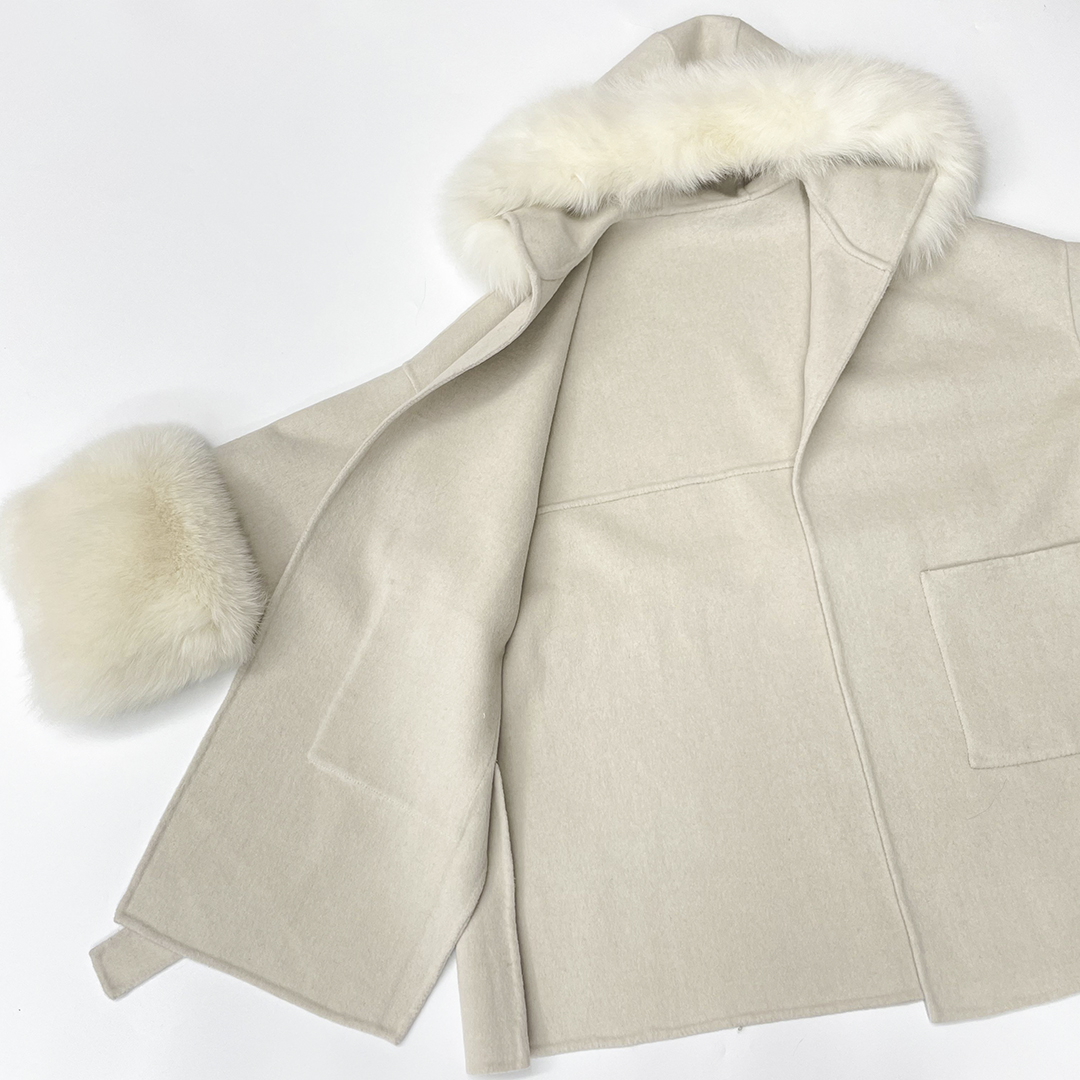 [YQJFZ] MISSJANEFUR 2023 Winter Coat For Women Wool Cashmere Jackets With Real Fur Hood Cuff Warm Luxury Belted Long Trench Fur Coat ☆ ราคา  14,502 บาท*ส่งฟรี