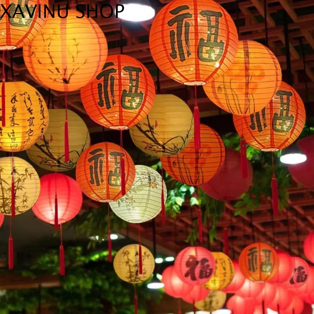 XAVINU In chữ hoa Đèn lồng lễ hội Treo Giấy tre Đèn lồng trung quốc Truyền thống Tròn Đèn Lồng Giấy Trang trí nhà cửa