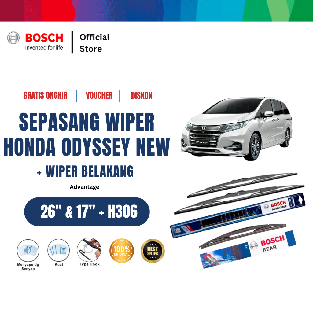 Bosch Wiper Depan dan Belakang Mobil Honda Odyssey New Set Advantage 26 - 17 Inci dan H306 Harga 270,300 rupiah*Gratis Ongkir