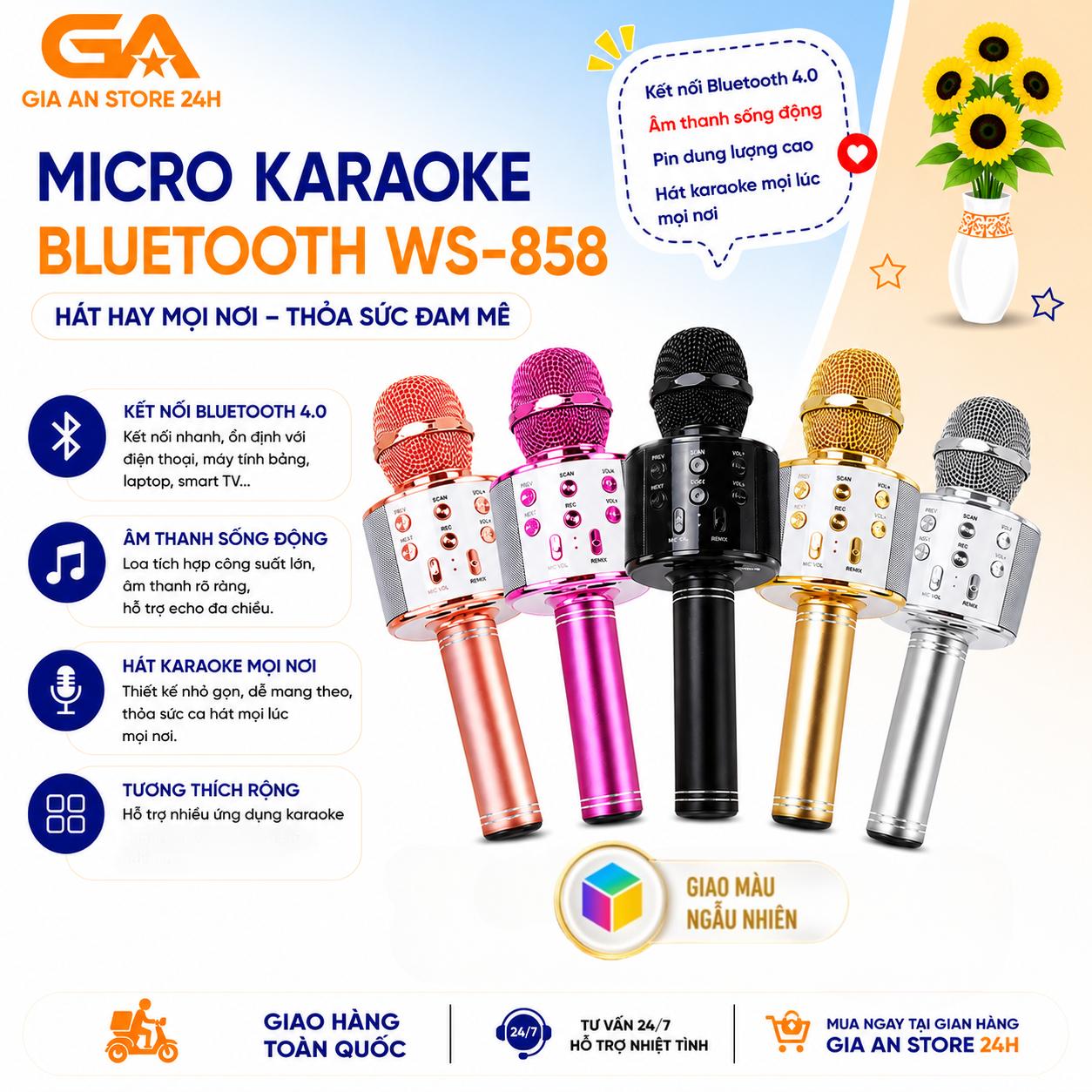Mic Karaoke Ws-858, Micro Bluetooth Không Dây Kèm Loa, Vừa Nghe Nhạc Vừa Hát Karaoke