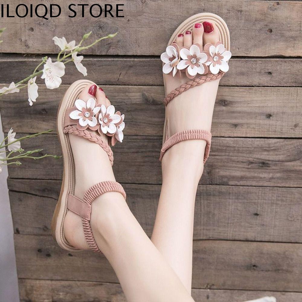 ILOIQD Hở ngón Dép hoa nữ Da PU Chống trượt Dép xỏ ngón Thời trang Mùa hè Dép lê đi biển Nữ