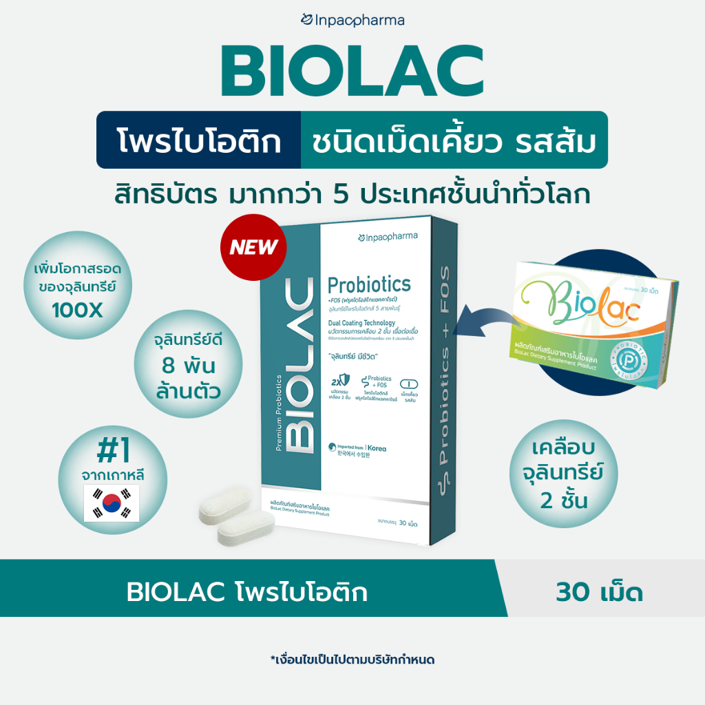 [Free Delivery] Biolac 30 Tablets, 1 Box, Premium Probiotic Chewable Tablets, Orange Flavor, Innovative 2-Layer Microbial Encapsulation. ราคา 1,290 บาท*ส่งฟรี