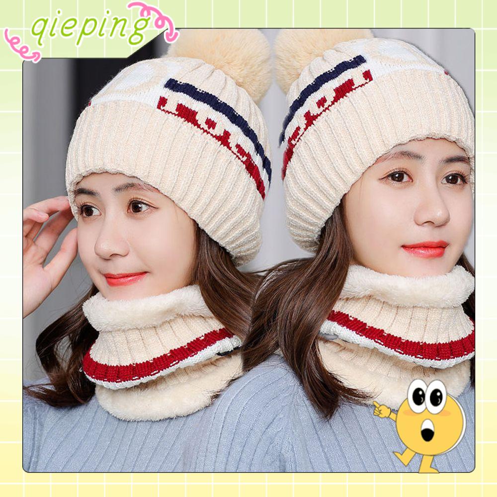 QIEPING Phụ nữ Nam giới Ấm mùa đông Bộ cưỡi ngựa Khăn quàng cổ Mũ len Mũ dày sang trọng Bộ khăn có mũ Mũ trượt tuyết