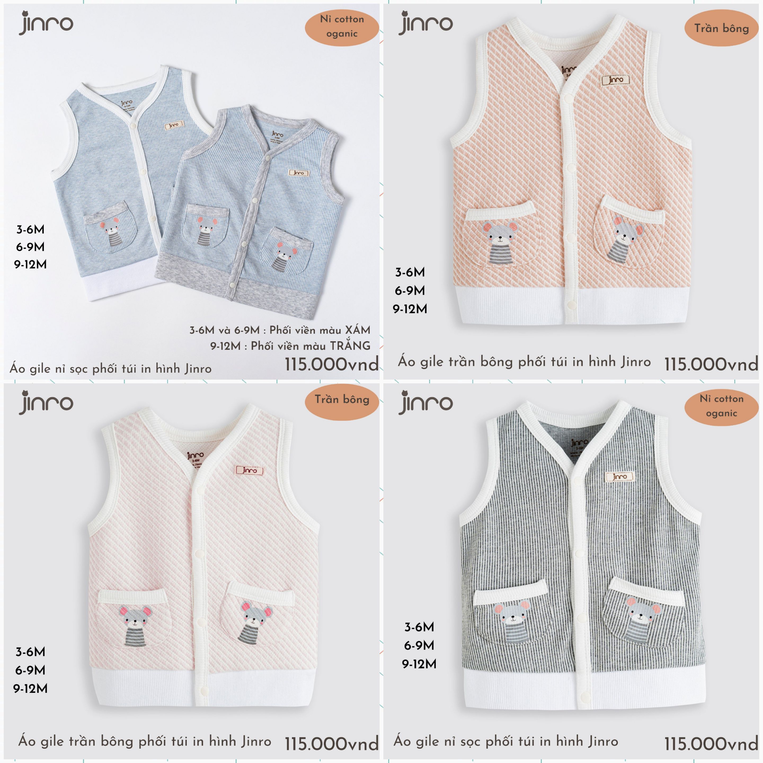 JINRO - Áo gile sơ sinh nỉ sọc - chần bông mỏng phối túi cho bé trai - bé gái (3-12m)