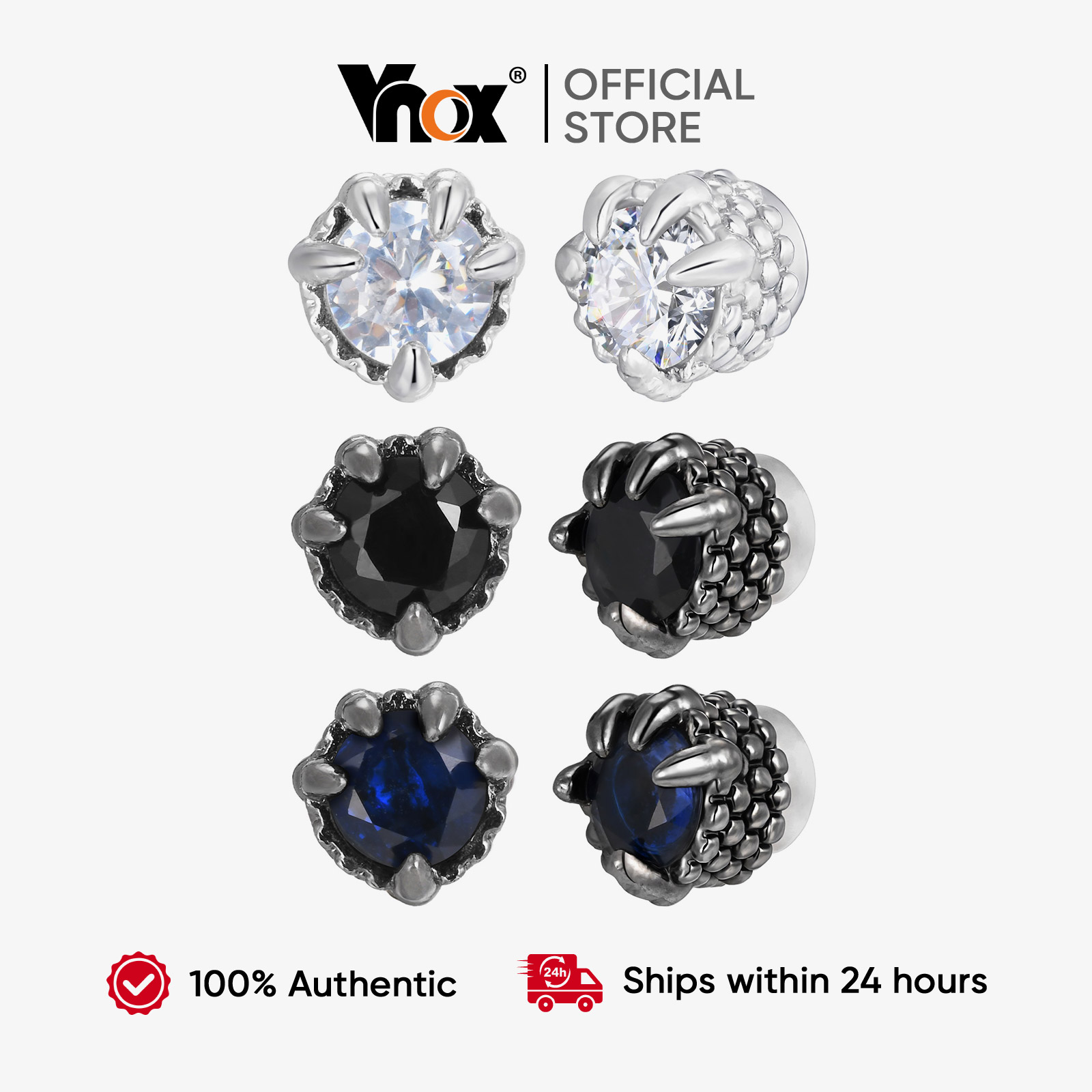Vnox Men's Stylish Blue Silver Black Crystal Earrings, Unique Claw Setting, Suitable for Parties and Events ราคา 33 บาท*ส่งฟรี