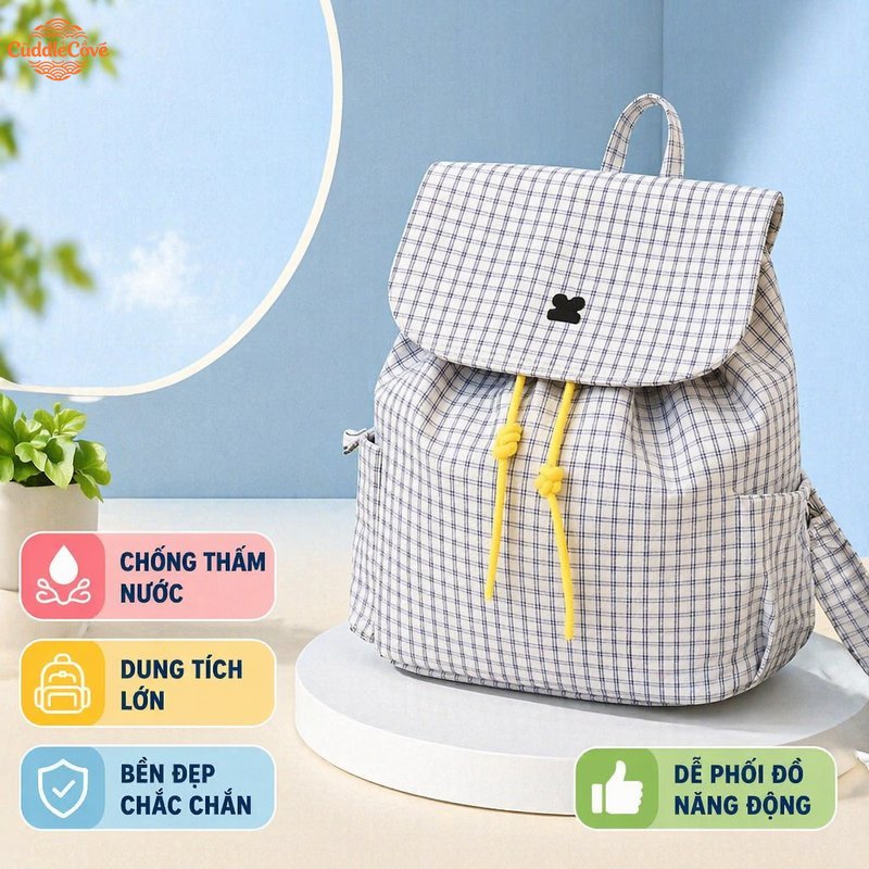 CuddleCove Balo dây rút caro vải dù chống nước nhẹ bền nhiều ngăn đi học đi làm du lịch