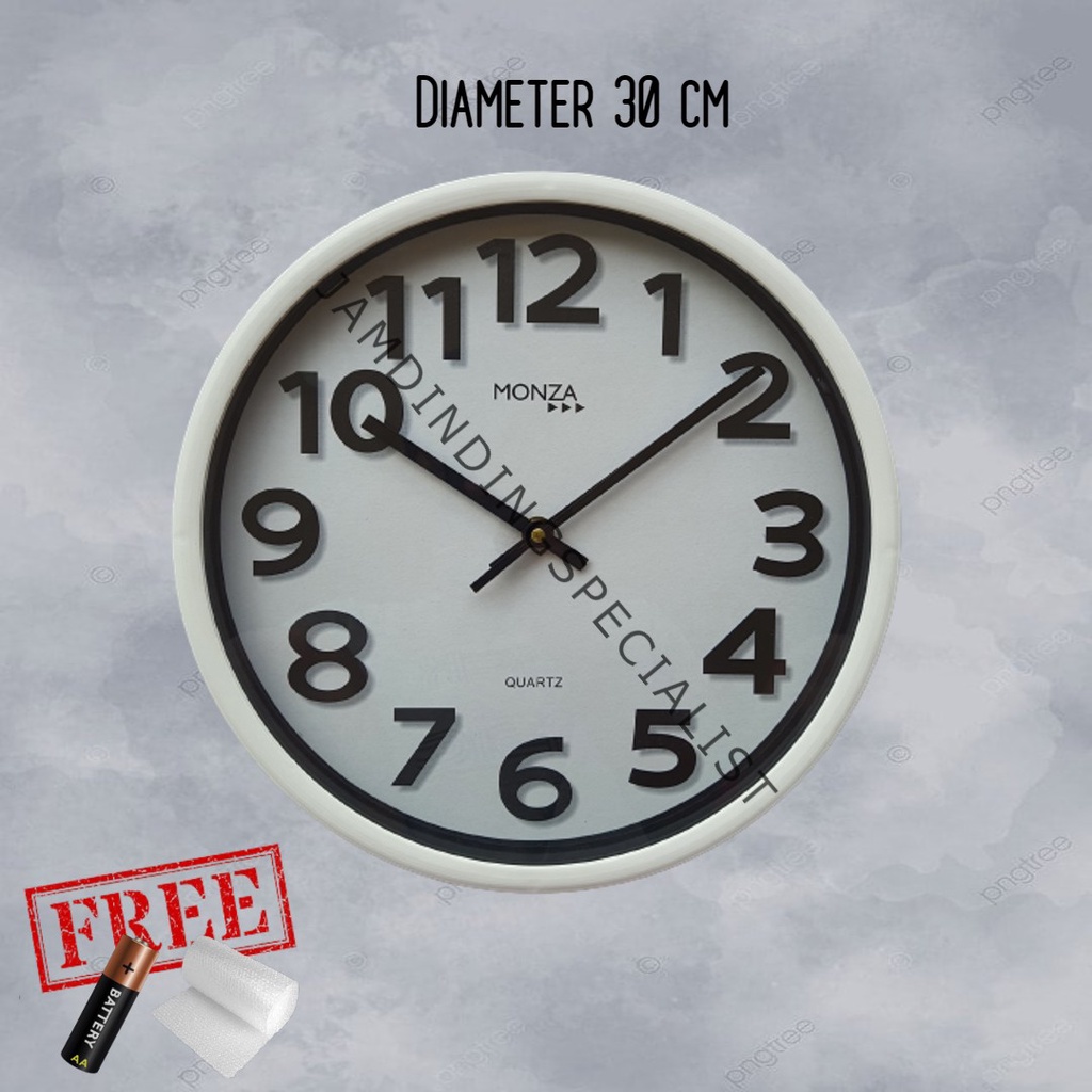 Jam Dinding Quartz Monza M5 Besar Hitam Putih Doff Minimalis Polos Garansi Diameter 30cm
