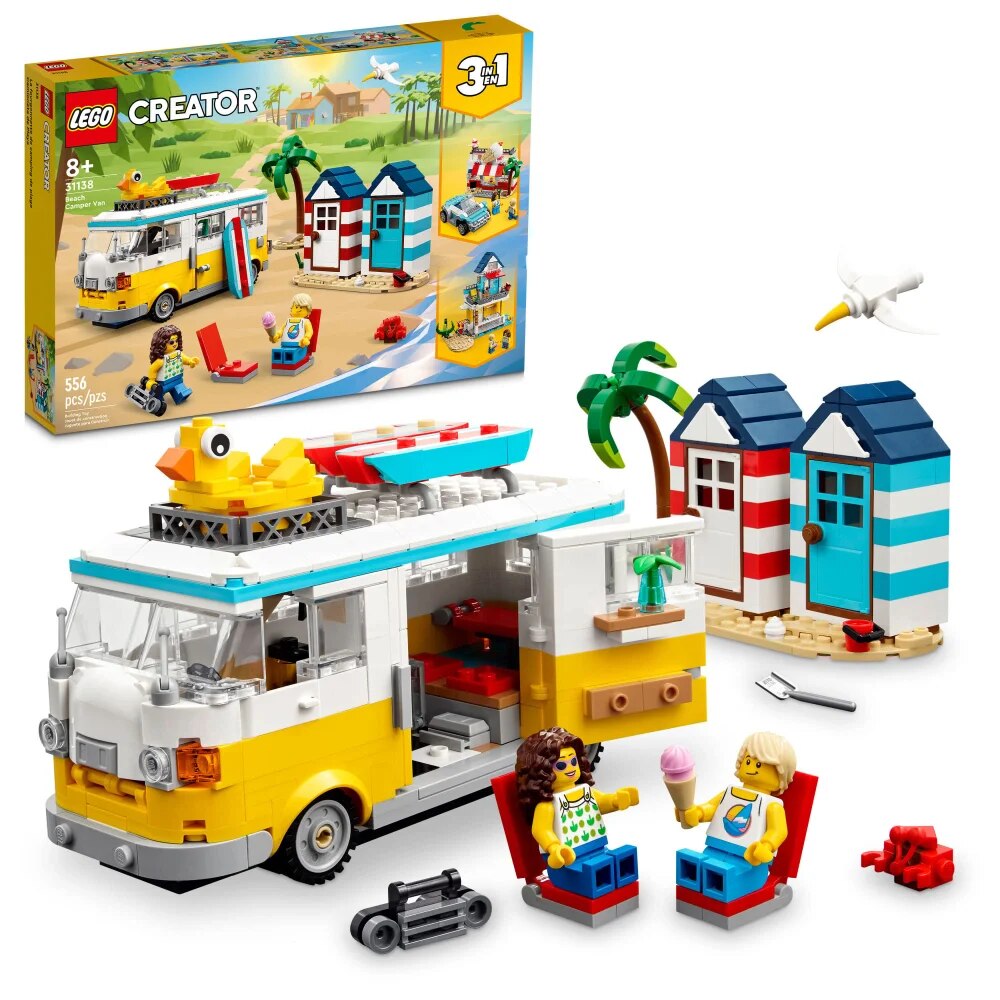LEGO Creator 3 in 1 Beach Camper Van to Summerhouse to Ice-Cream Shop 31138 Building Set Summer Holiday Surfer Toy Gift for Kids