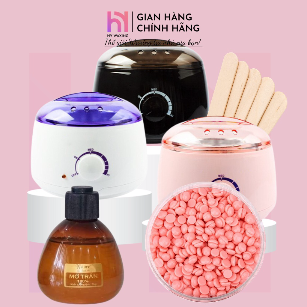 Combo nồi nấu sáp wax lông pro wax 100 + 100g sáp cao cấp + 75gr mỡ trăn tặng kèm que hywaxing