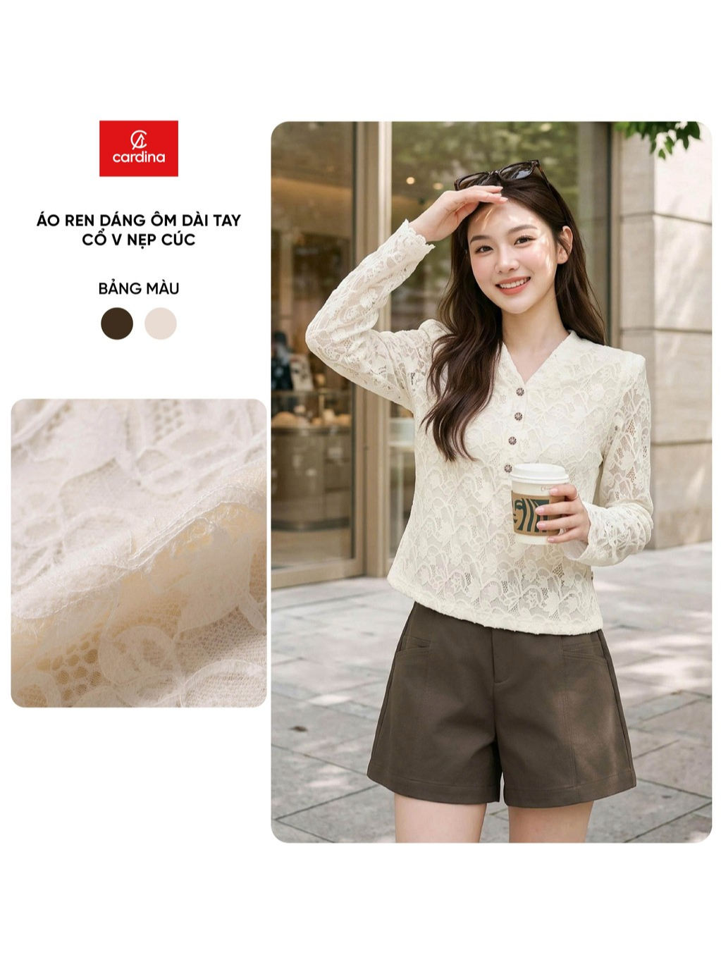 Áo ren nữ CARDINA chất liệu ren mềm dài tay dáng ôm cổ V nẹp cúc 6ARD01