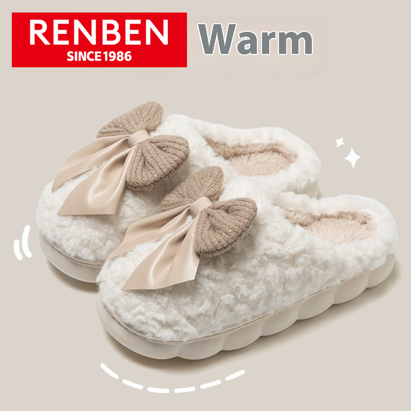 Renben Dép mờ ấm cúng với thiết kế nơ ren cho mùa đông nhà mặc-Ấm áp và thoải mái giày trong nhà cho các cặp vợ chồng