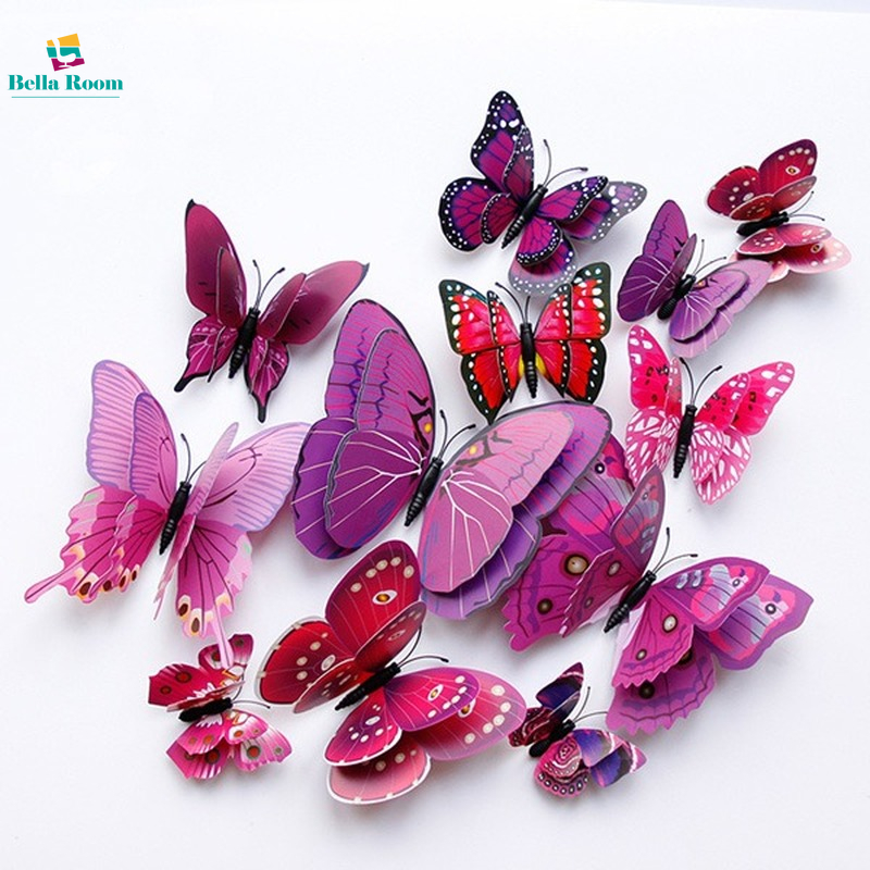  12 Cái Bộ 4 kích cỡ 3D bướm hai lớp ba chiều Hình Dán Tường tủ lạnh nhựa Sticker 