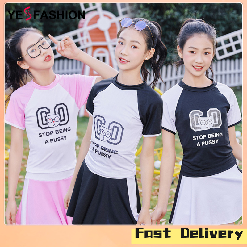 Yesfashion Store IN stock2 Pcs/set Girls Split Swimsuit Short-sleeved Top Skirt Swim Trunks Conservative Suit For 12-18 Years Old ราคา 171 บาท*ส่งฟรี