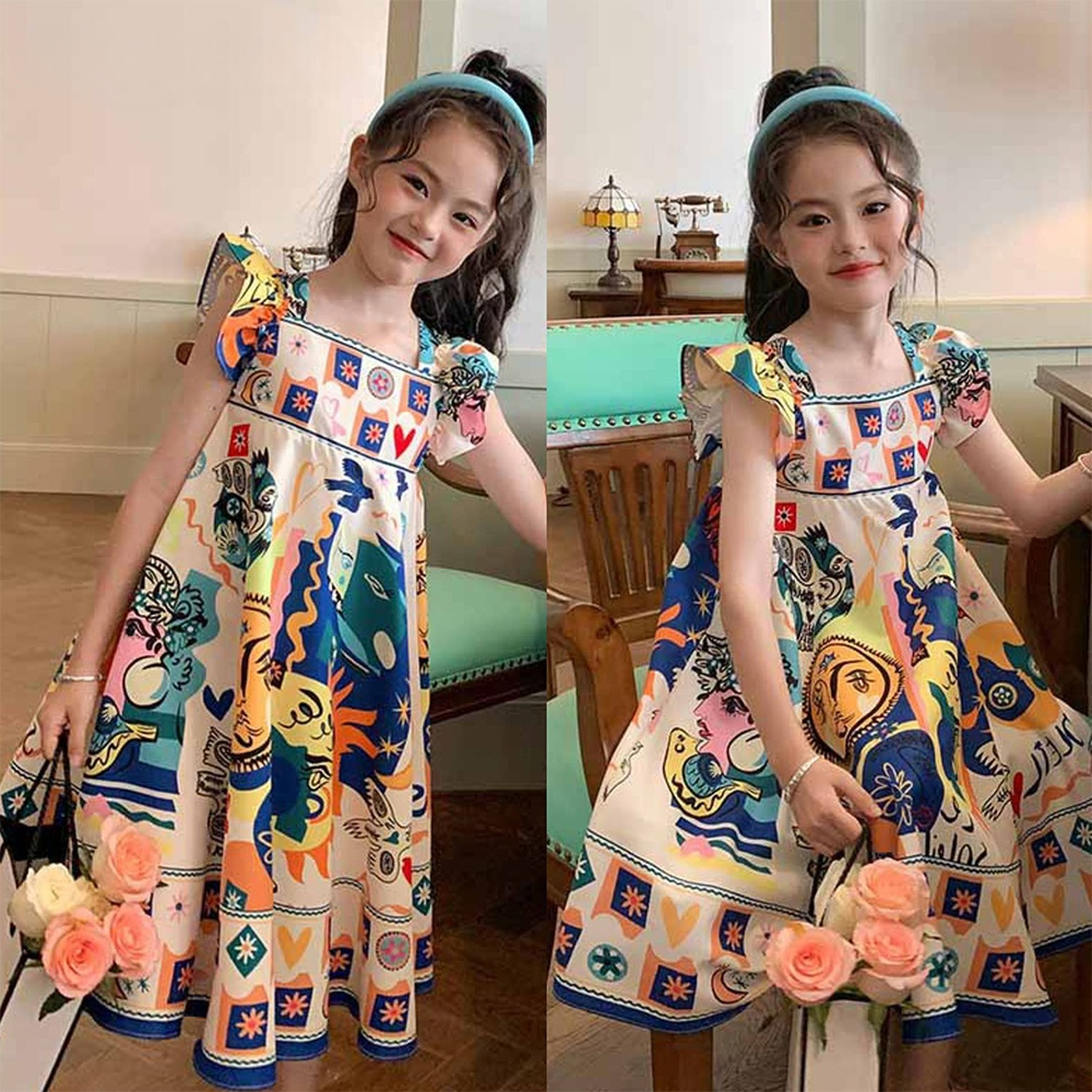 New Bear Leader Children's Dress Girls 3-11 Years Old Girls' Dress Princess Baby Graffiti Puff Sleeve Dress Festival Celebration Birthday Party Dress Children's Clothing