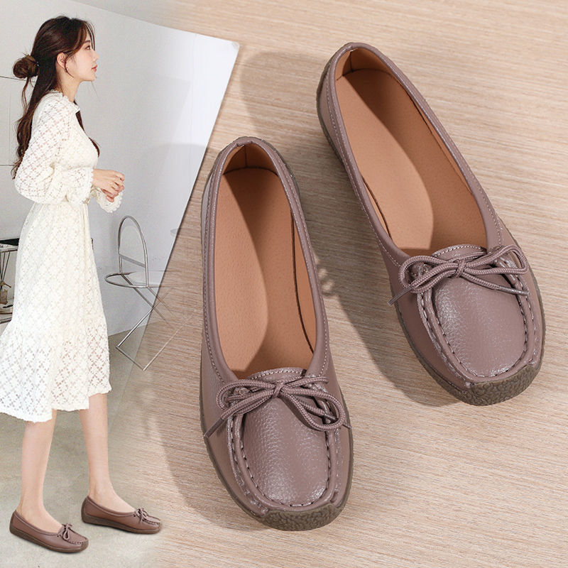 wtMei Genuine Leather Doudou Shoes Women Beef Tendon Sole Single Shoes One Pedal Mother Shoes Casual Flat Shoes