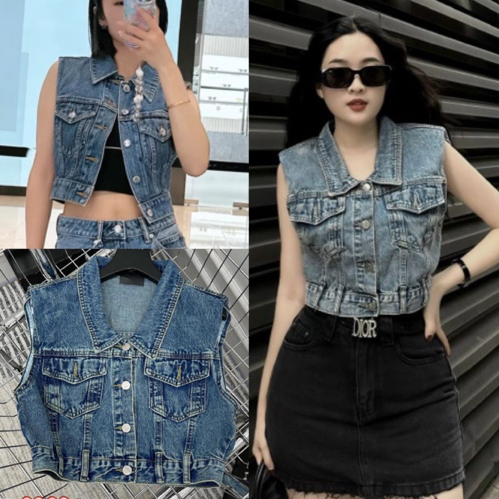 Áo gile jean croptop xanh đậm túi hộp áo khoác nữ sát nách chất bò dày dặn dáng ngắn phong cách ulzzang hàn quốc 11.21
