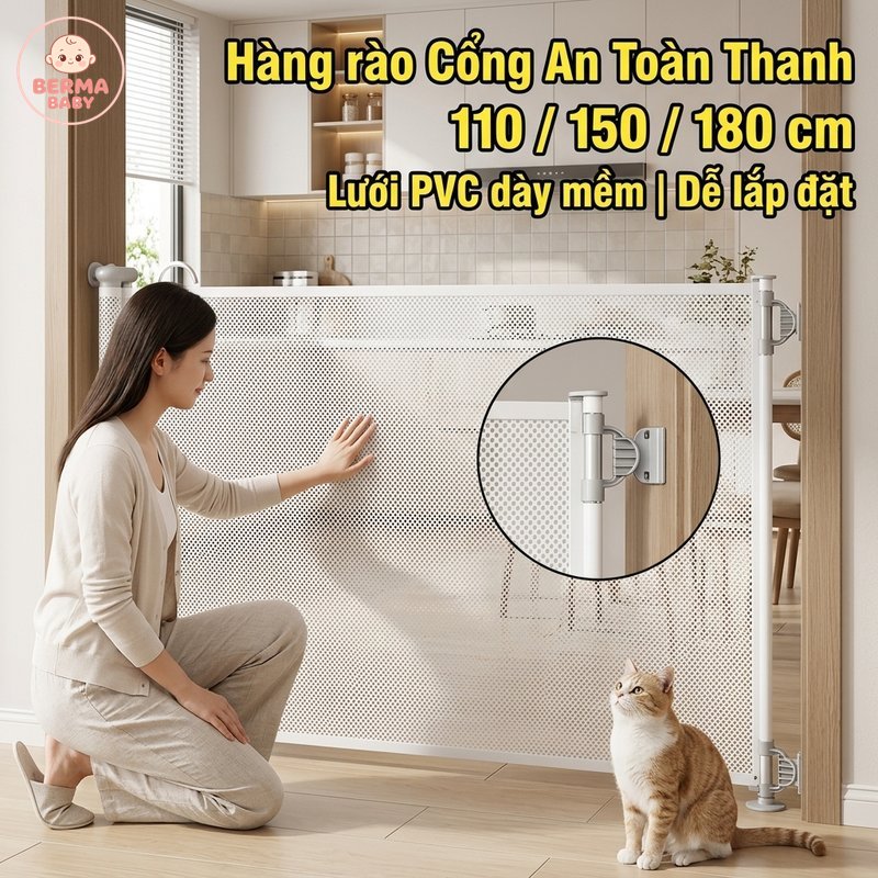 BERMA BABY Lan can an toàn thu gọn tự động Lưới PVC dày dặn mềm mại Dễ lắp ráp nhanh Không cần khoan tường Ngăn cản trẻ em 6-36 tháng Ngăn chó mèo Cầu thang hành lang bếp Không gian chơi an toàn