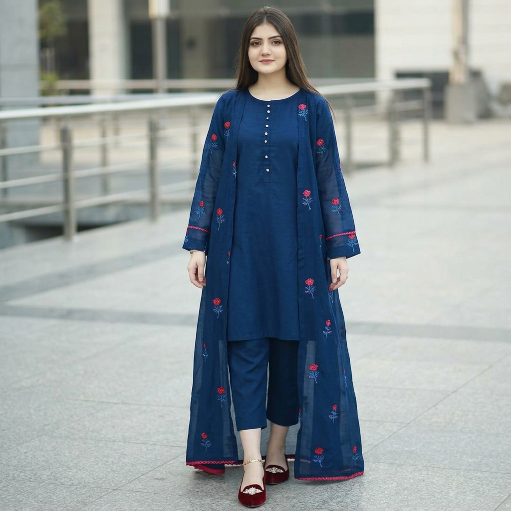 3Pc Stitched Embroidered Flower Gown Dress For Women Summer Cotton Fabric Elegant Formal Style Multiple Color