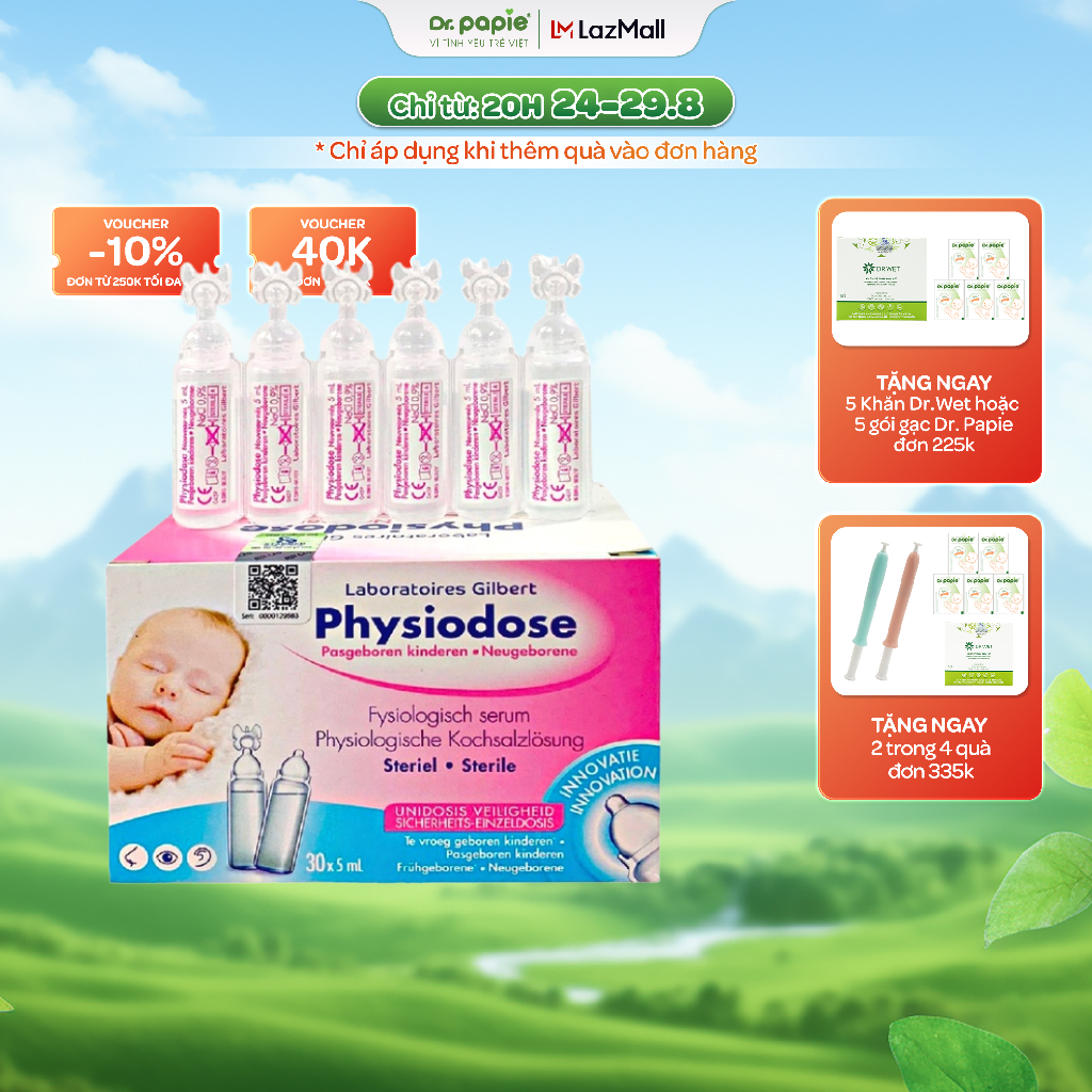 Nước muối sinh lý physiodose round giúp vệ sinh mắt mũi miệng cho bé