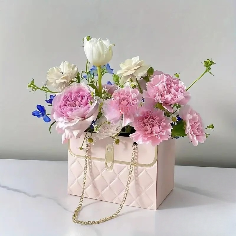 Flower Tote Bag Trendy Paper Handbag with Chain Handle Bouquet Packing Rose Flower Box for Gift Deco