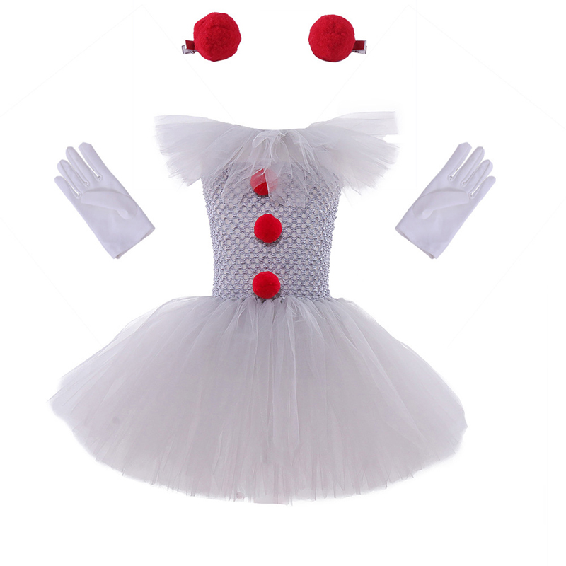 Toddler Clown Costume Set Girls White Tulle Dress Gloves Hair Clips Set
