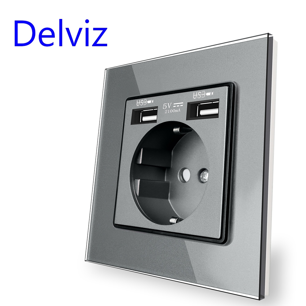 【CC】▩❆﹊  Delviz USB Socket 5V usb Household security charging interfaceTempered Panel 16A Outlet