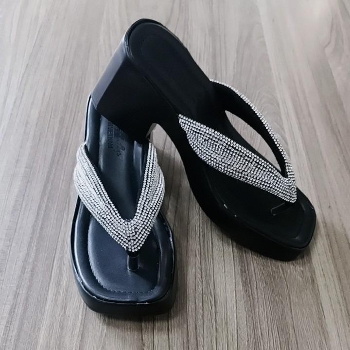 Dép nữ cao gót - đế PU cao 6 phân - quai kẹp xoàn đá - ( MS09 ) DéP Shoes GiàY Jean Cao Su Quai Ngang Women - 2