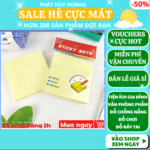 Combo 2 xấp giấy note 200 tờ loại tốt GS-01 kích thước 7,5cm x 7,5cm giá rẻ, giấy ghi chú 100 tờ loại tốt, giấy ghi nhớ có keo dán tiện lợi cho học sinh, giấy dán ghi nhớ màu vàng, , đồ dùng học tập, Phát Huy Hoàng