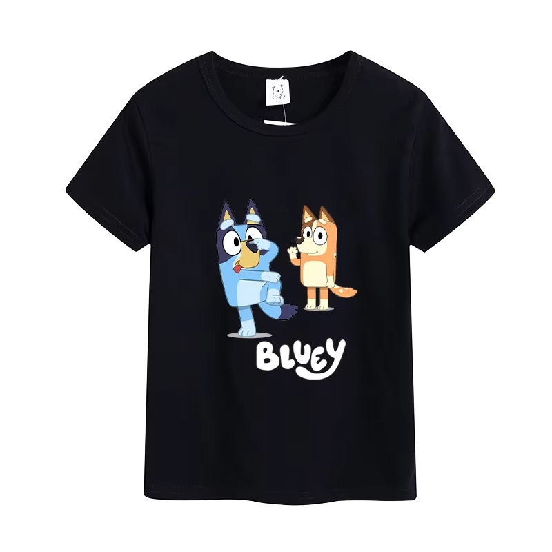 2025 Năm Mới Cotton Cổ Tròn Tay Ngắn T Áo Thun Bluey Họa Tiết Hoạt Hình In Họa Tiết Bé Trai Bé Gái T